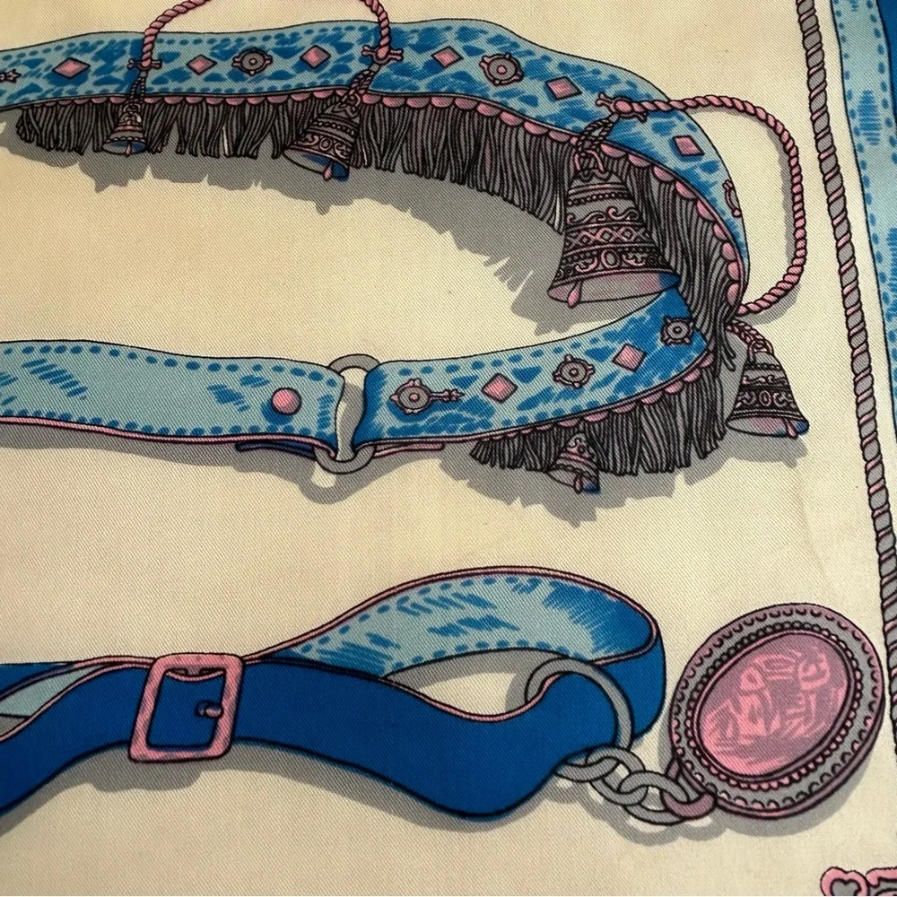 •Silk Handrolled Blue Pink Cream Graphic Square Scarf 22”x23” Made In Japan